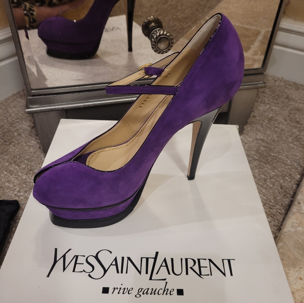 YVES SAINT LAUTENT (YSL) Tribute Pump, Kid Suede, Viola, Size 37 Women's